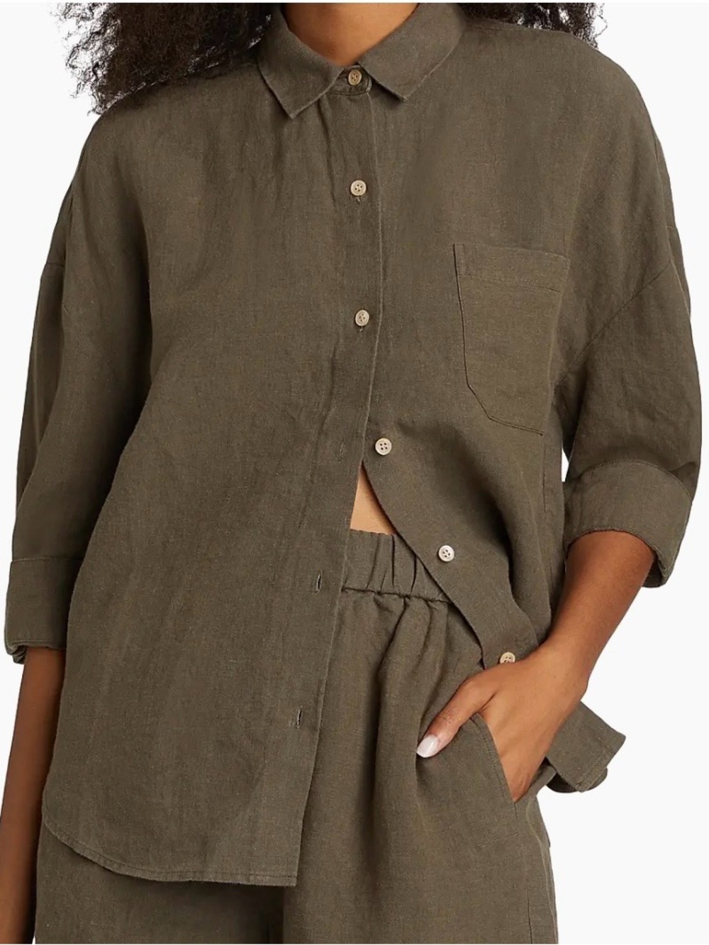 Jenni Kayne Olive Green Linen Button-Down Shirt